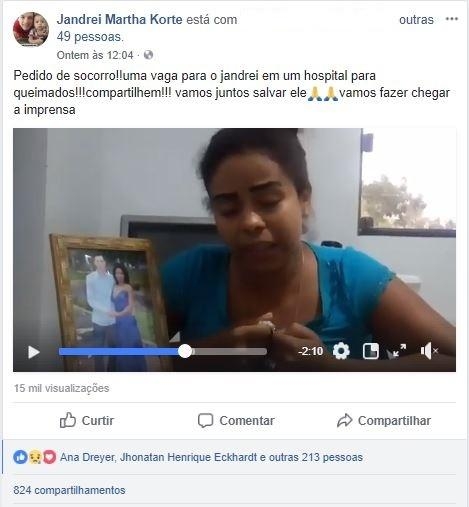 Até as 17 horas desta segunda-feira (19), mais de 15 mil pessoas haviam visto o vídeo, postado por Martha, que já teve 824 compartilhamentos (Foto: Reprodução )