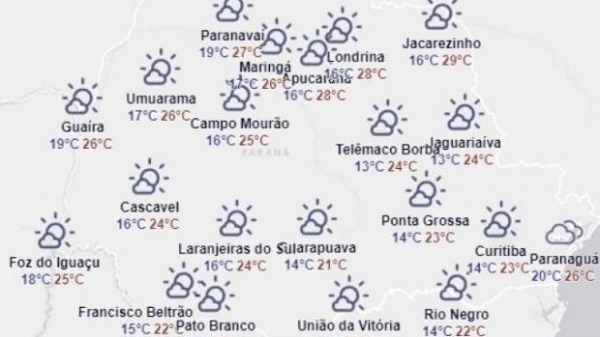 Em Nova Santa Rosa a máxima deve chegar ao 24°C e a mínima 13°C.(Foto:Simepar)