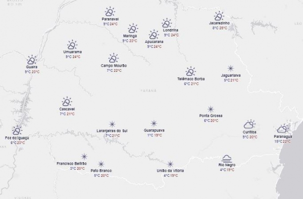 Em Nova Santa Rosa a máxima chega aos 23°₢ e a mínima 9°C. (Foto: Simepar)