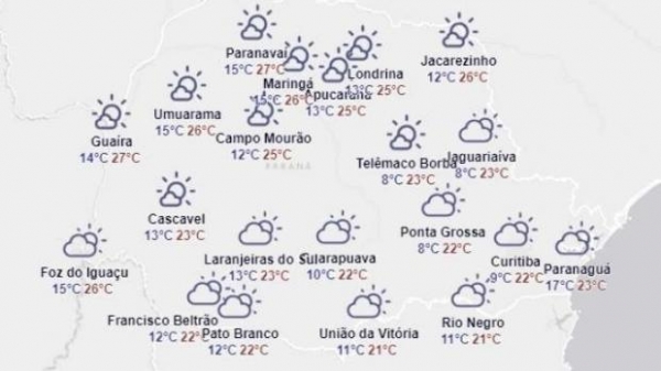 Frente fria avança e o frio volta ao Estado na próxima semana.(Foto: Simepar)