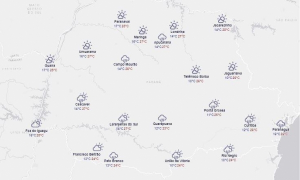 Para o domingo a mesma situação em todo Paraná. (Foto: Simepar)