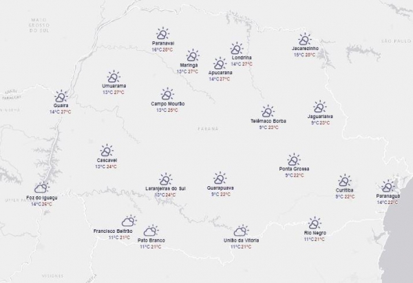 Para Marechal Cândido Rondon e Nova Santa Rosa são previstas temperaturas entre 14°C e 27°C. (Foto: Simepar)