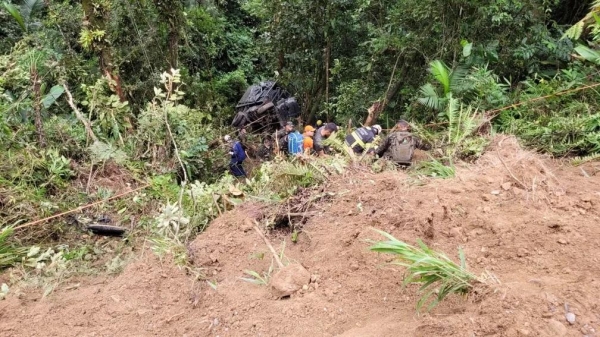 Caminhão caiu em ribanceira em estrada que fica entre Indaial e Blumenau — Foto: Corpo de Bombeiros/ Divulgação