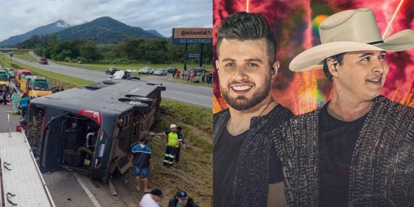 Ônibus de dupla sertaneja Conrado e Aleksandro sofre acidente na rodovia Régis Bittencourt, no interior de SP — Foto: Reprodução/Redes Sociais