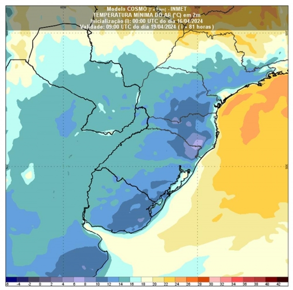 Áreas com azul mais escuro podem registrar temperaturas próximas de 0ºC nos próximos dias, segundo Inmet — Foto: Reprodução/Inmet