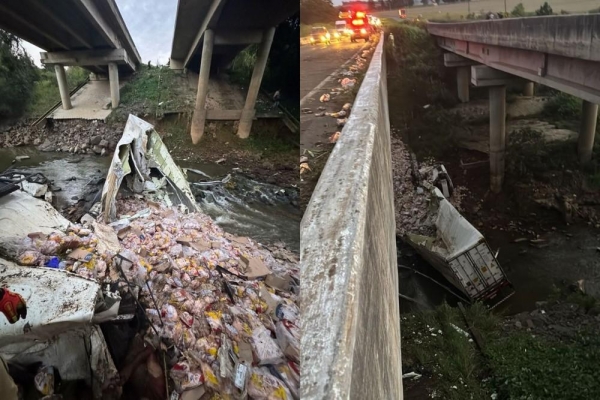 Caminhão frigorífico caiu do viaduto sobre o rio Tibagi, na BR-376. — Foto: Corpo de Bombeiros