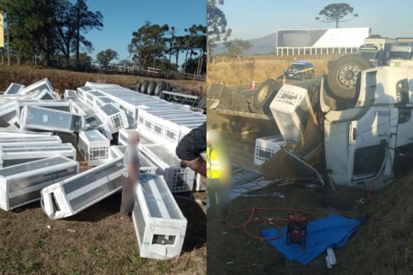 Carga de geladeira ficou espalhada e caminhão ficou atravessado na pista. — Foto: PRF