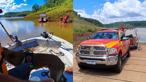 Corpo de Bombeiros atuam nas buscas com mergulhadores e apoio por embarcações. — Foto: Corpo de Bombeiros de Foz do Iguaçu