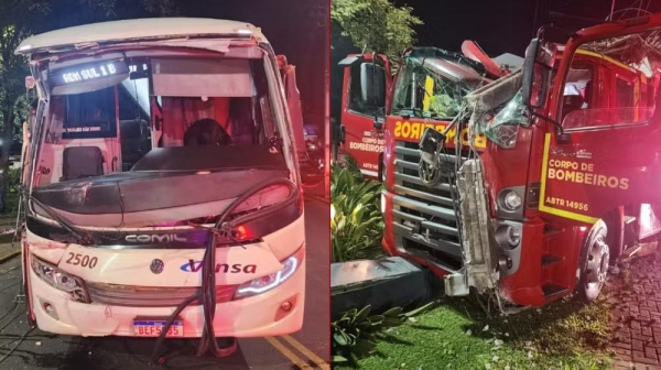 Ônibus e caminhão do Corpo de Bombeiros bateram em cruzamento de Telêmaco Borba. — Foto: Corpo de Bombeiros